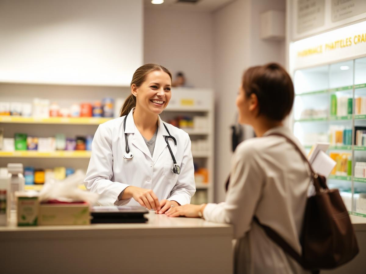 Farmacêutica atendendo cliente com atenção na Farmácia Cabral
